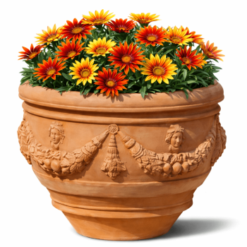 Preview: Reich verzierter, runder Impruneta Terracotta Topf mit floralen Ornamenten – handgefertigt und frostfest
